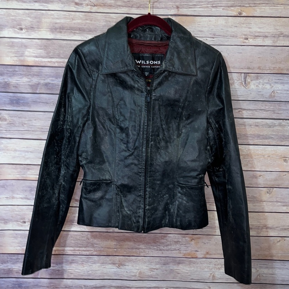 Wilson’s Black Leather Zip Front Destructed Jacket Size Small